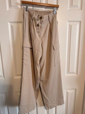 Wide Leg Cargo Pants in Beige with Button-Front Waist